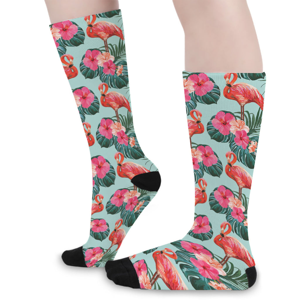 Tropical Floral Flamingo Pattern Print Long Socks