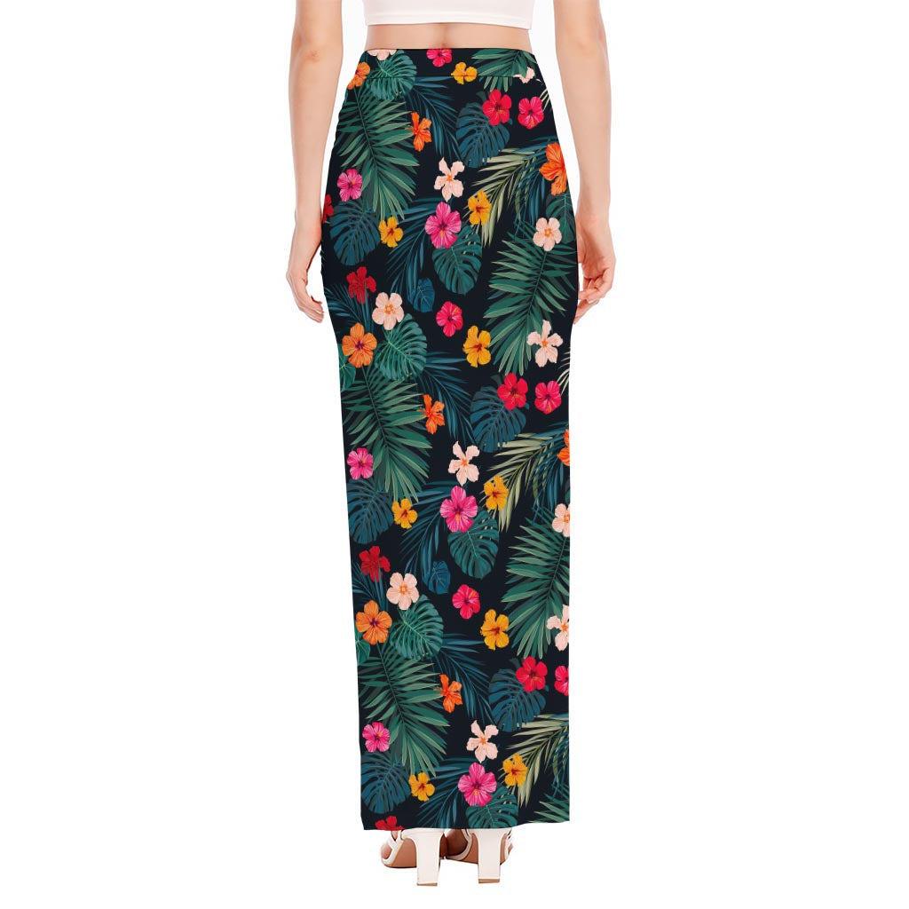 Tropical Flowers Hawaii Pattern Print High Slit Maxi Skirt