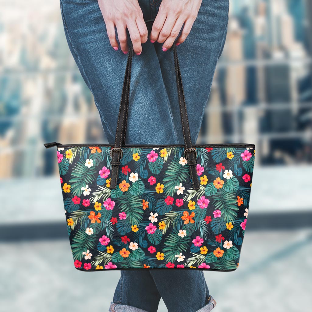 Tropical Flowers Hawaii Pattern Print Leather Tote Bag