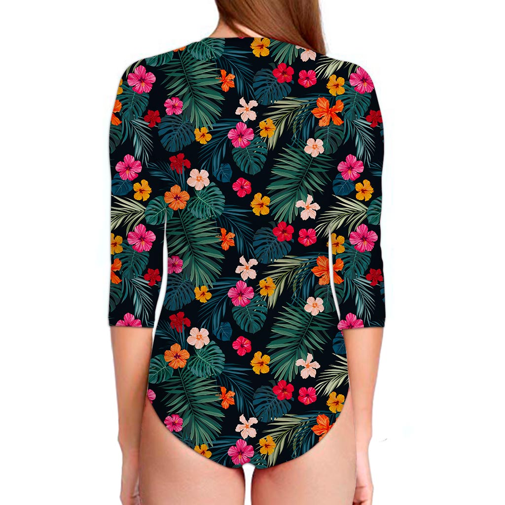 Tropical Flowers Hawaii Pattern Print Long Sleeve Swimsuit