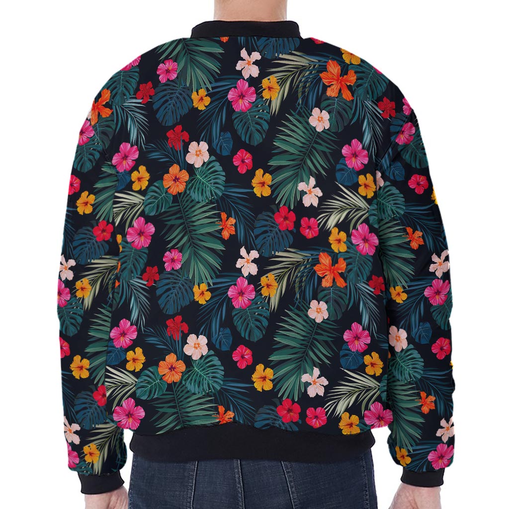 Tropical Flowers Hawaii Pattern Print Zip Sleeve Bomber Jacket