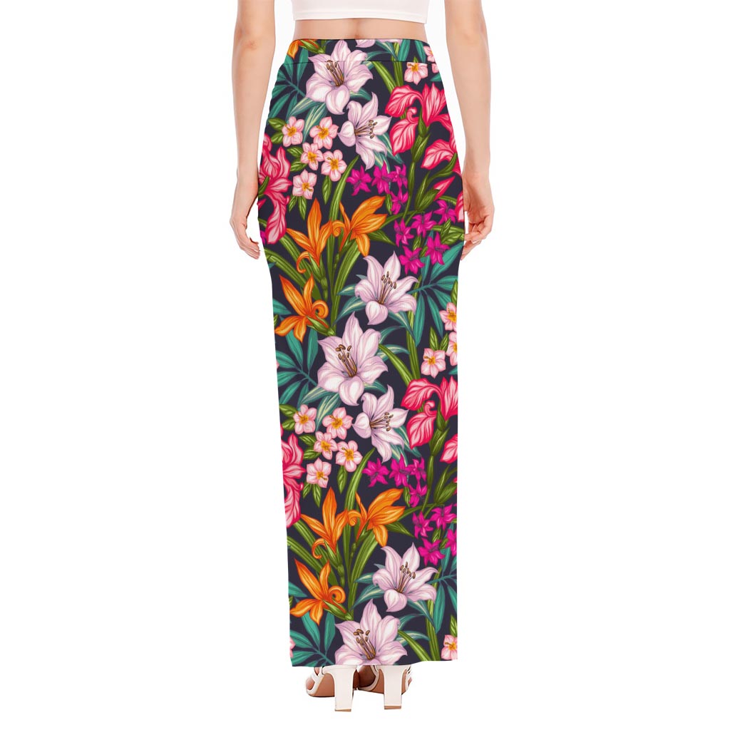 Tropical Flowers Pattern Print High Slit Maxi Skirt