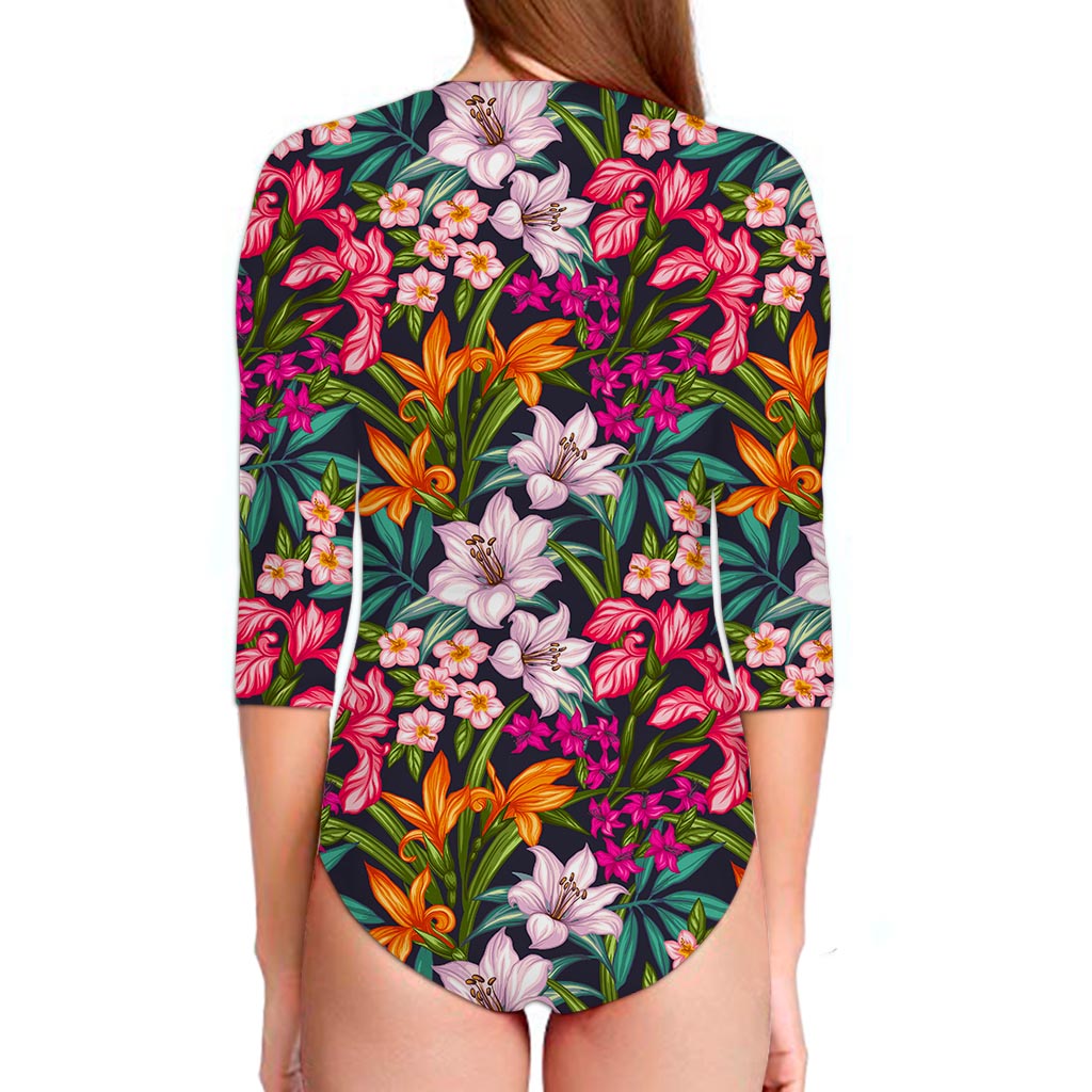 Tropical Flowers Pattern Print Long Sleeve Swimsuit