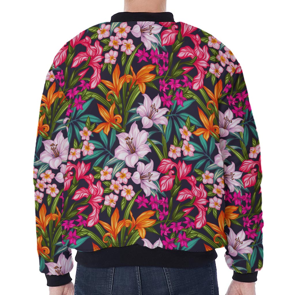 Tropical Flowers Pattern Print Zip Sleeve Bomber Jacket
