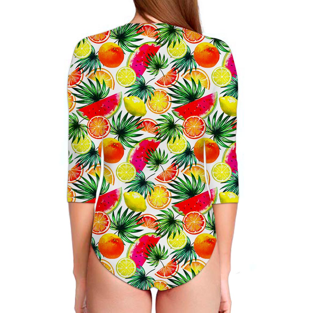 Tropical Fruit Leaf Pattern Print Long Sleeve Swimsuit