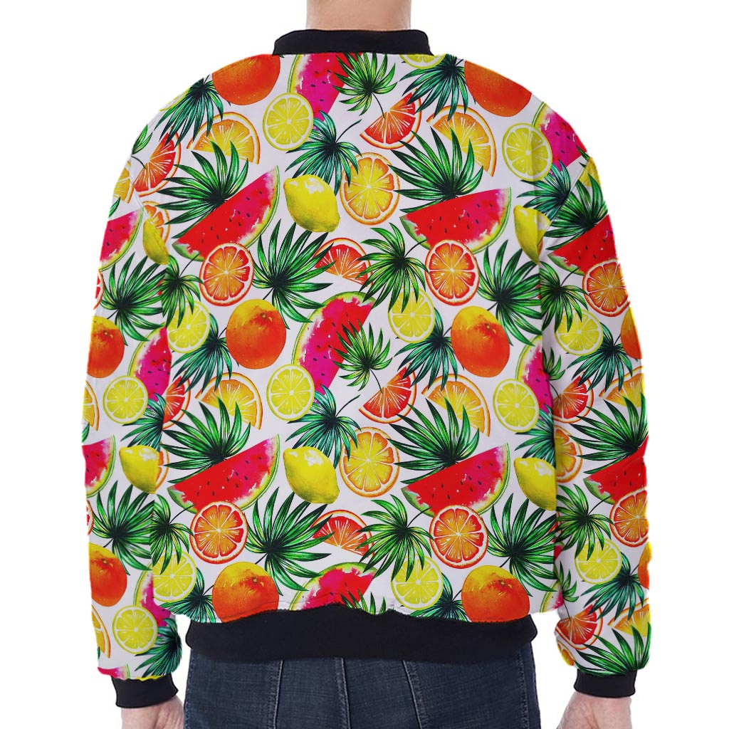 Tropical Fruit Leaf Pattern Print Zip Sleeve Bomber Jacket