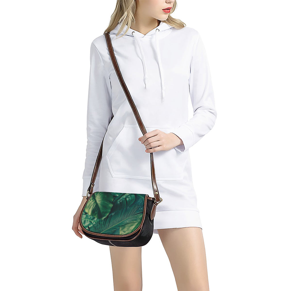 Tropical Green Leaves Print Saddle Bag