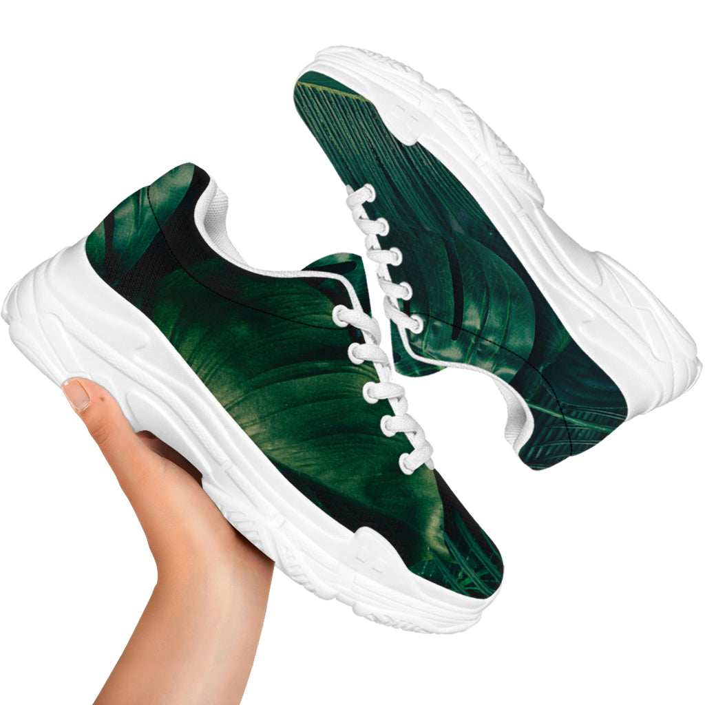 Tropical Green Leaves Print White Chunky Shoes