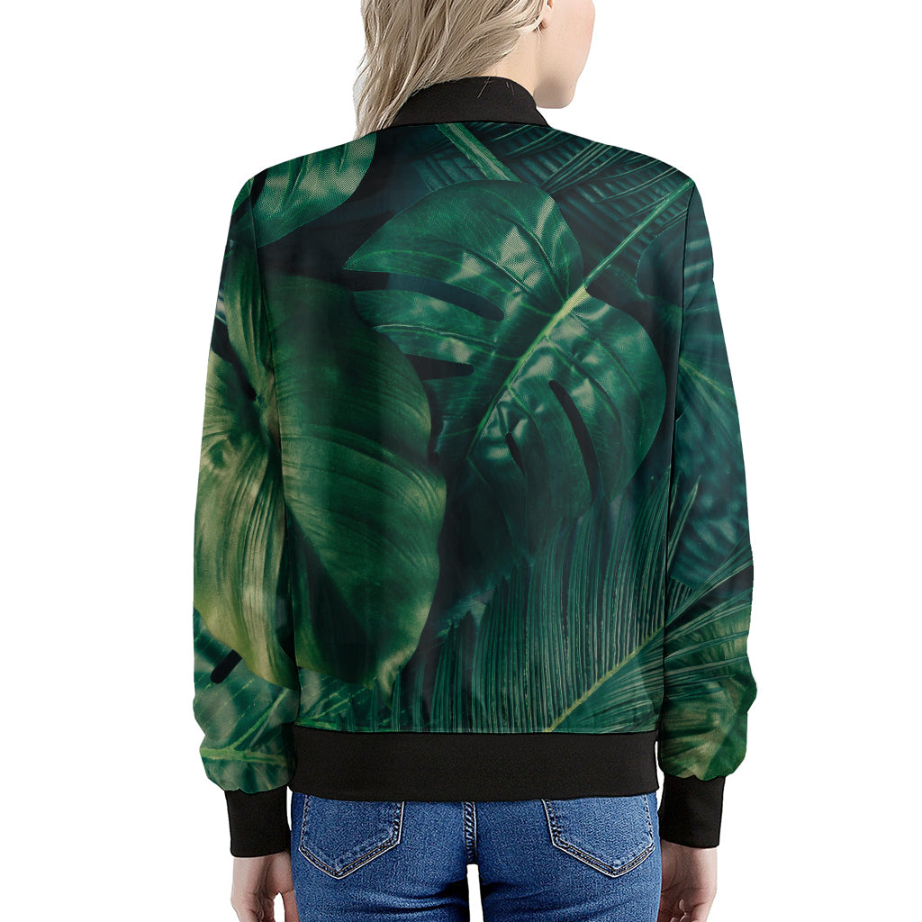 Tropical Green Leaves Print Women's Bomber Jacket