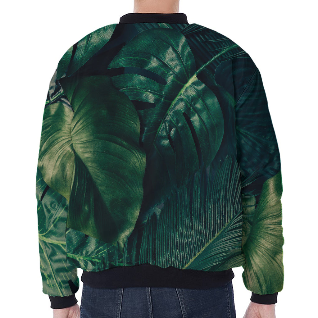 Tropical Green Leaves Print Zip Sleeve Bomber Jacket