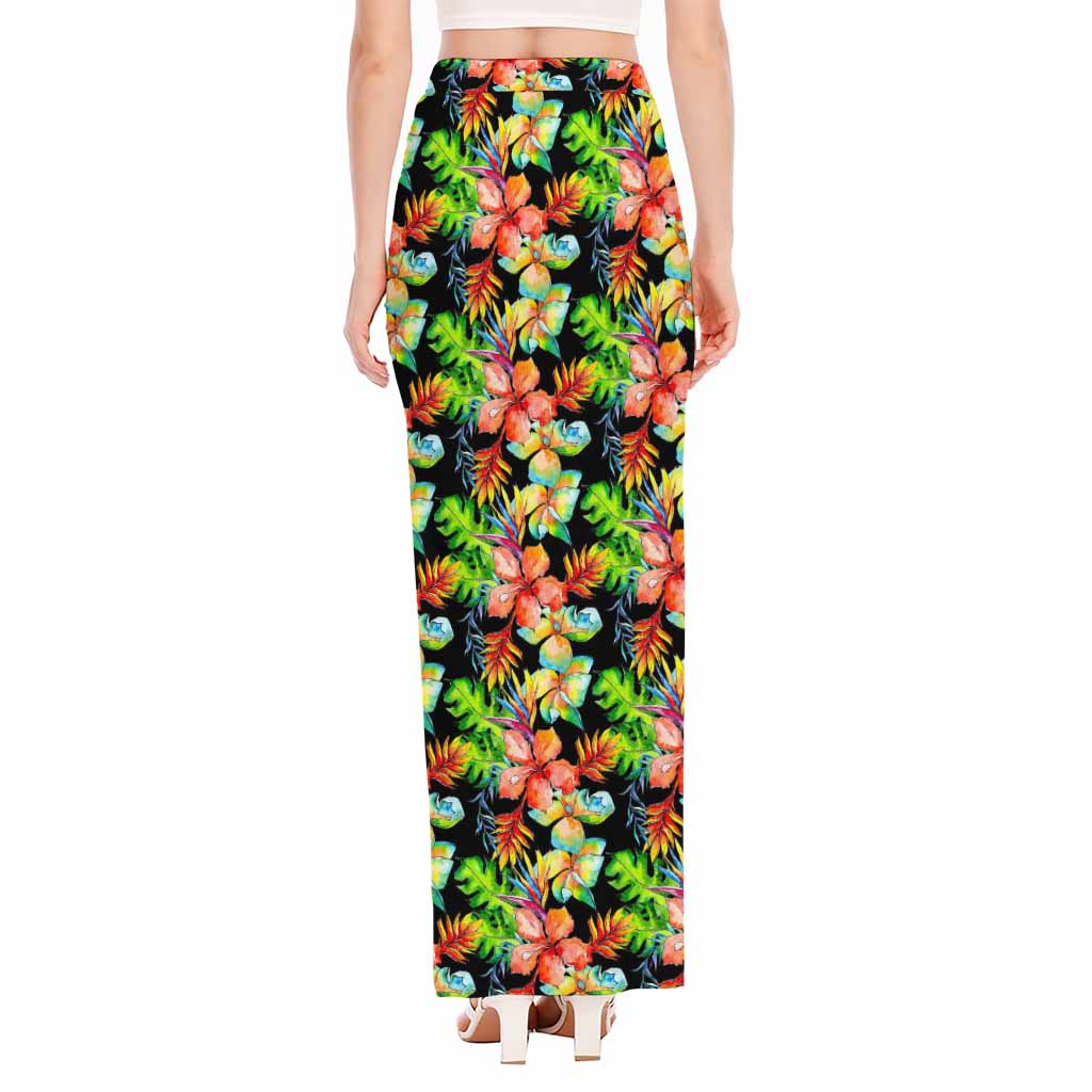 Tropical Hawaii Flowers Pattern Print High Slit Maxi Skirt