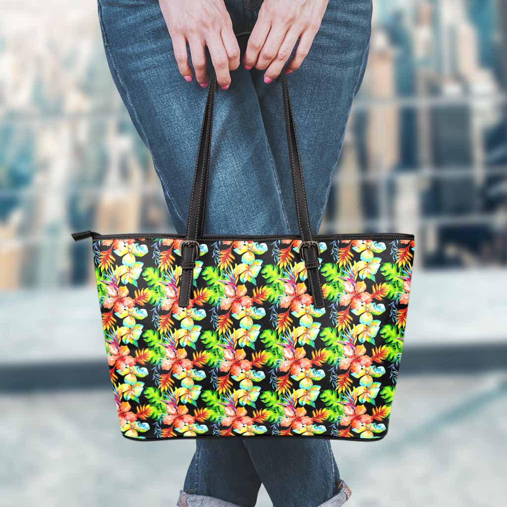 Tropical Hawaii Flowers Pattern Print Leather Tote Bag
