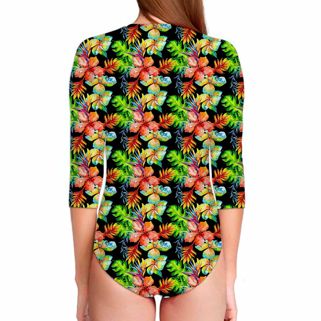 Tropical Hawaii Flowers Pattern Print Long Sleeve Swimsuit