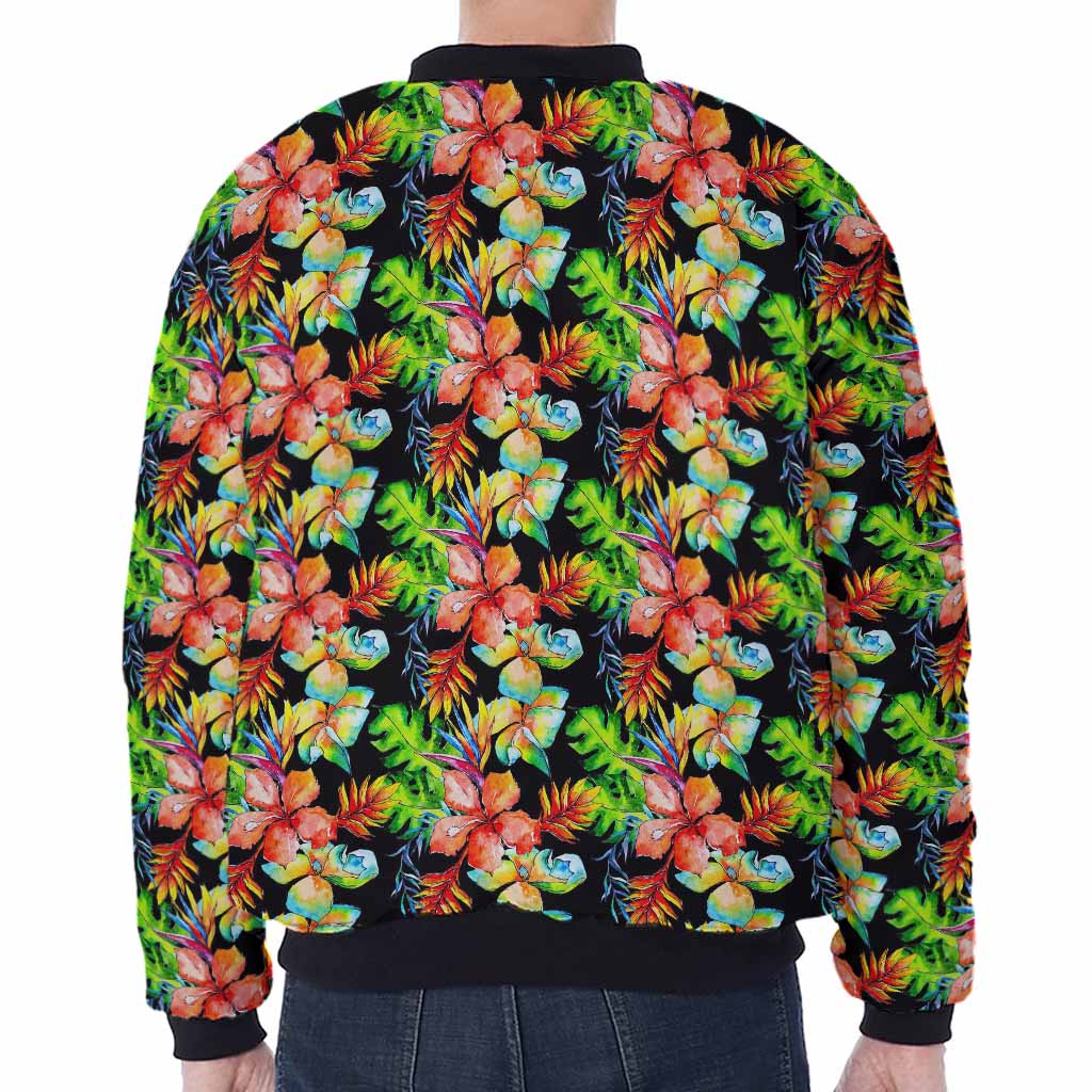 Tropical Hawaii Flowers Pattern Print Zip Sleeve Bomber Jacket