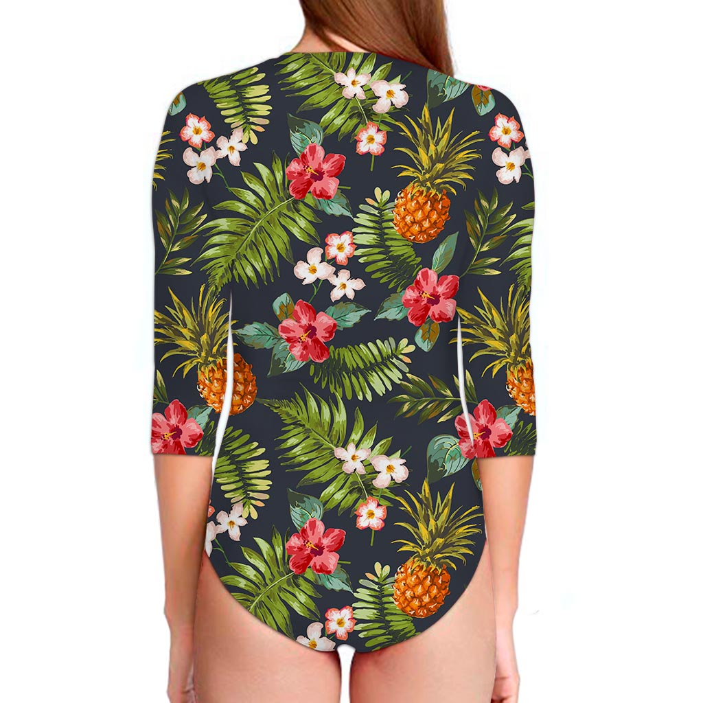 Tropical Hawaii Pineapple Pattern Print Long Sleeve Swimsuit