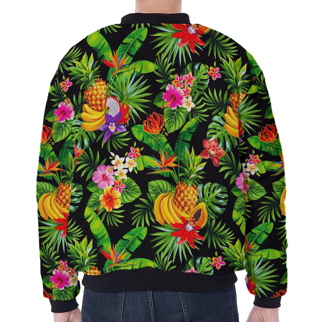 Tropical Hawaiian Fruits Pattern Print Zip Sleeve Bomber Jacket