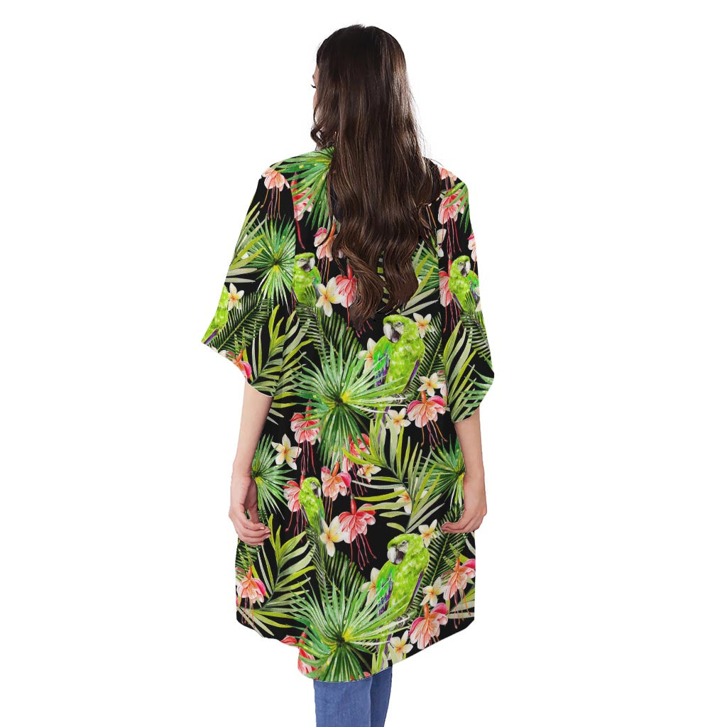 Tropical Hawaiian Parrot Pattern Print Open Front Beach Cover Up