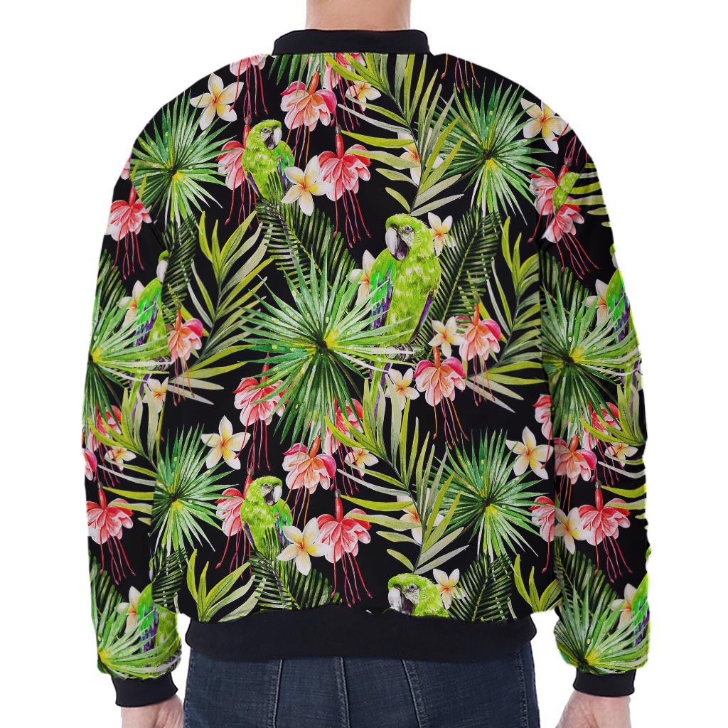 Tropical Hawaiian Parrot Pattern Print Zip Sleeve Bomber Jacket