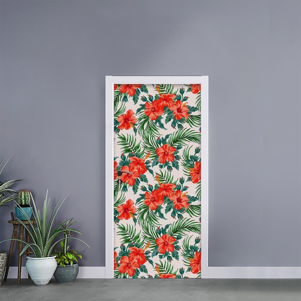 Tropical Hibiscus Blossom Pattern Print Door Sticker