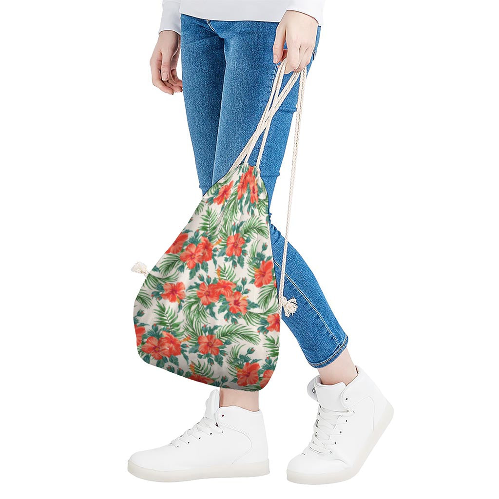 Tropical Hibiscus Blossom Pattern Print Drawstring Bag