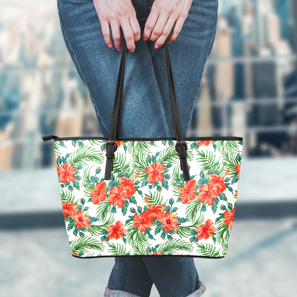 Tropical Hibiscus Blossom Pattern Print Leather Tote Bag