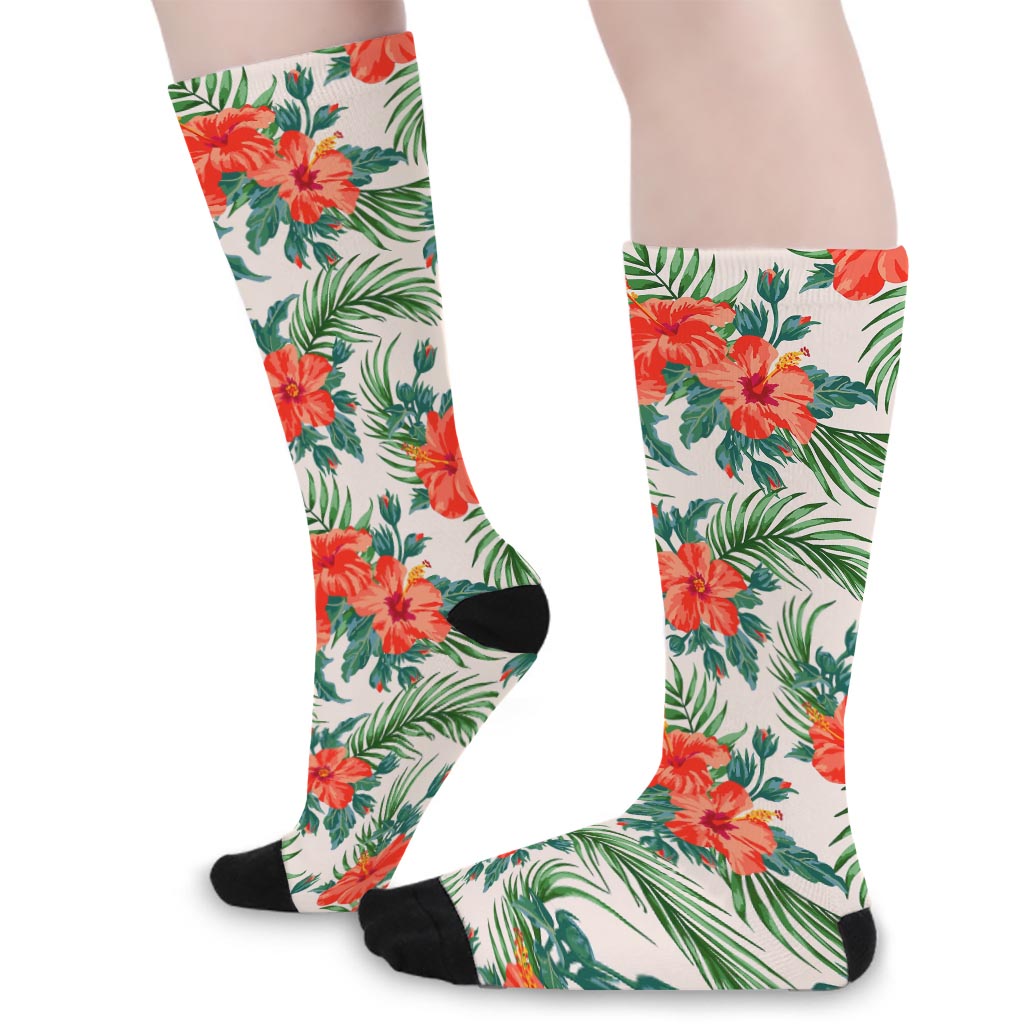 Tropical Hibiscus Blossom Pattern Print Long Socks