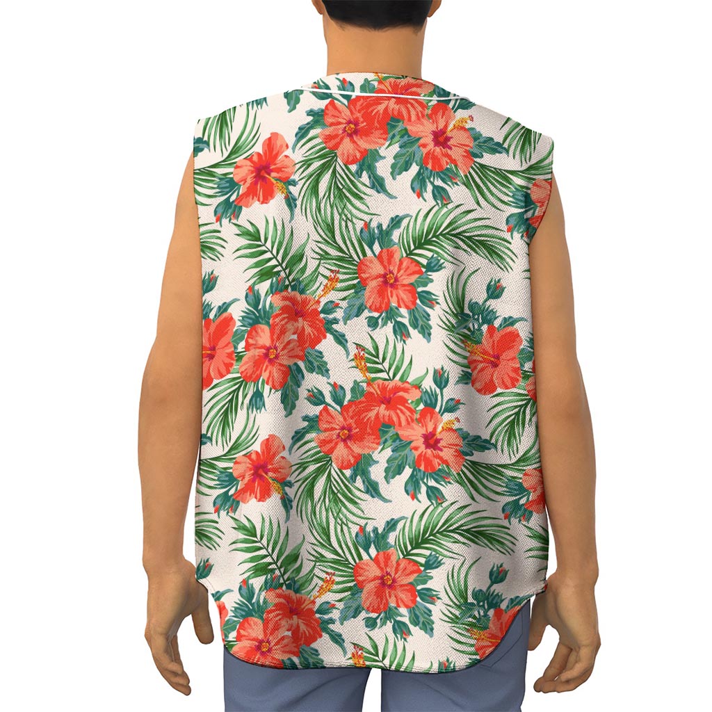 Tropical Hibiscus Blossom Pattern Print Sleeveless Baseball Jersey