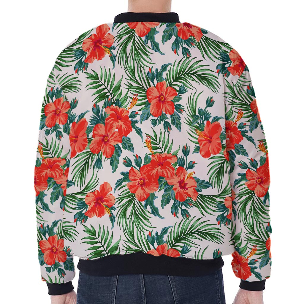 Tropical Hibiscus Blossom Pattern Print Zip Sleeve Bomber Jacket