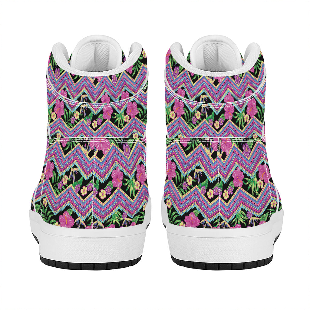 Tropical Hibiscus Flowers Aztec Print High Top Leather Sneakers