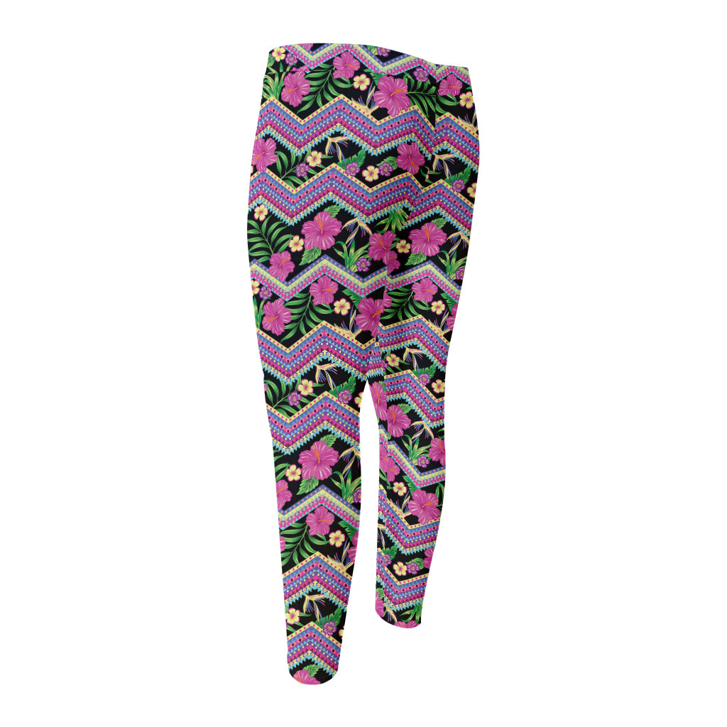Tropical Hibiscus Flowers Aztec Print Men's Compression Pants