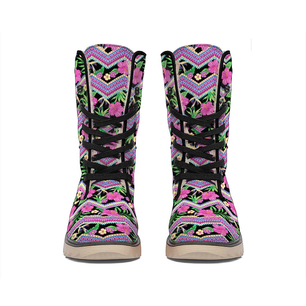 Tropical Hibiscus Flowers Aztec Print Winter Boots