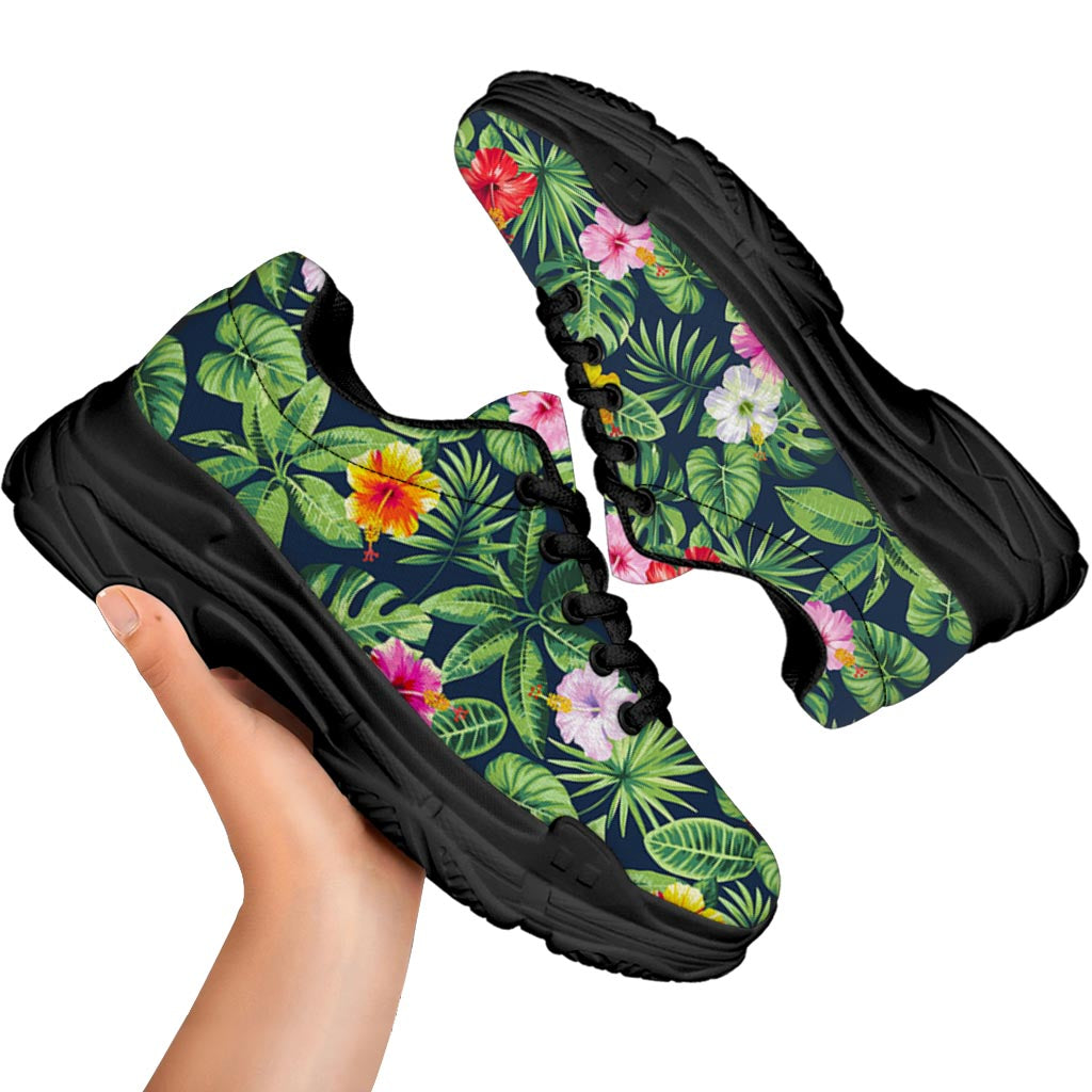 Tropical Hibiscus Flowers Pattern Print Black Chunky Shoes