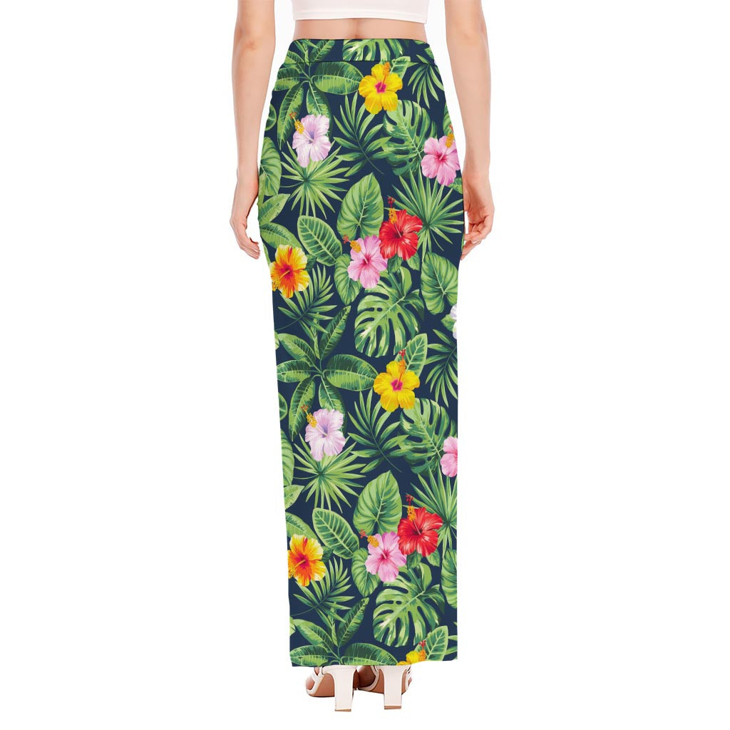 Tropical Hibiscus Flowers Pattern Print High Slit Maxi Skirt