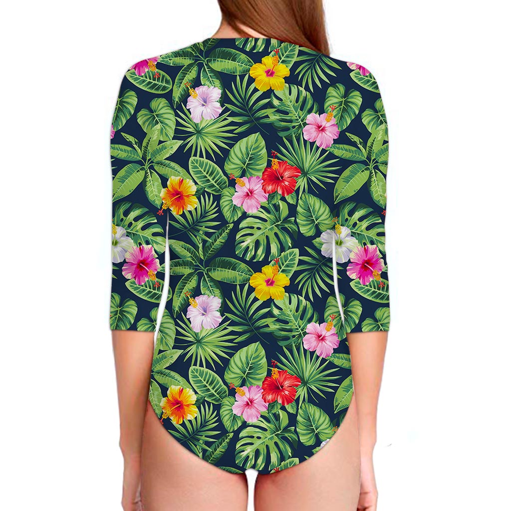 Tropical Hibiscus Flowers Pattern Print Long Sleeve Swimsuit