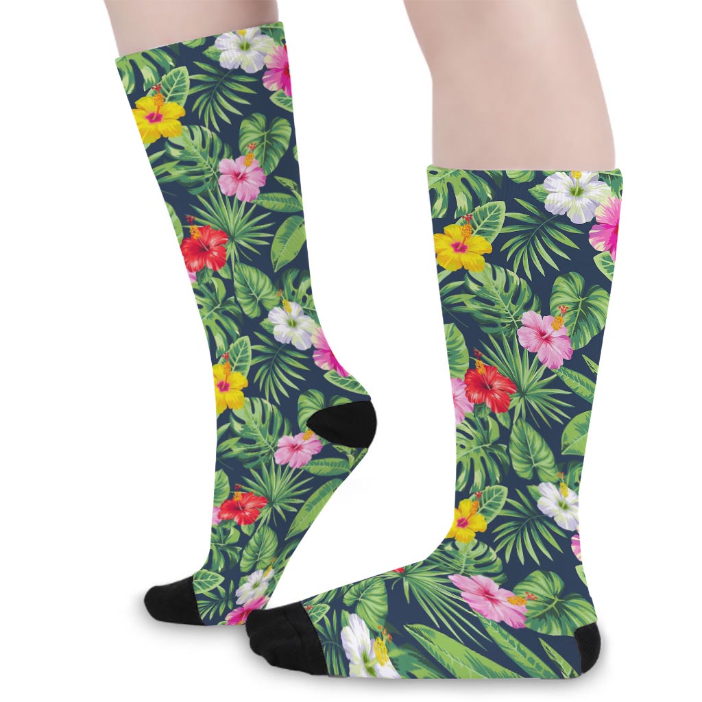 Tropical Hibiscus Flowers Pattern Print Long Socks