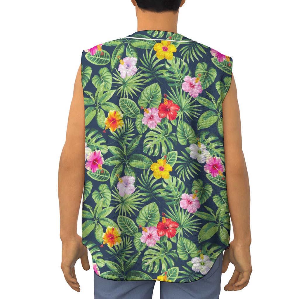 Tropical Hibiscus Flowers Pattern Print Sleeveless Baseball Jersey