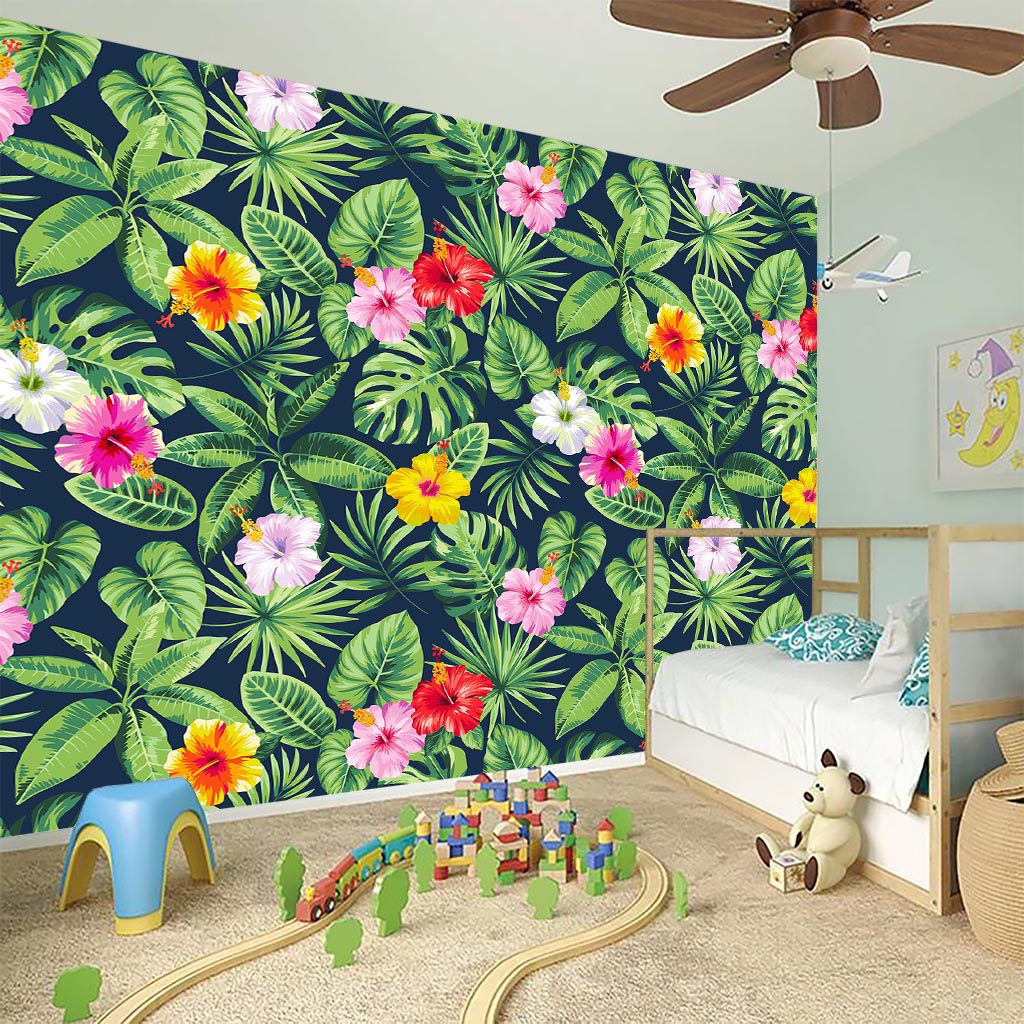 Tropical Hibiscus Flowers Pattern Print Wall Sticker