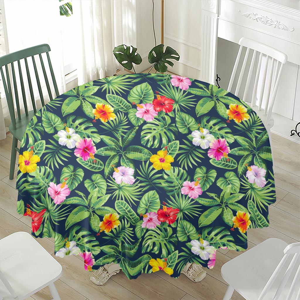 Tropical Hibiscus Flowers Pattern Print Waterproof Round Tablecloth