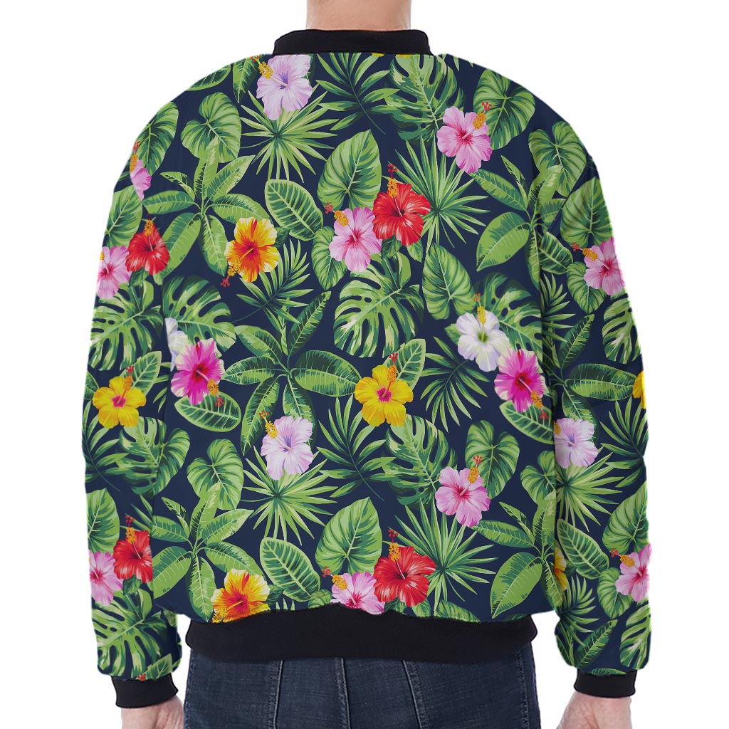 Tropical Hibiscus Flowers Pattern Print Zip Sleeve Bomber Jacket