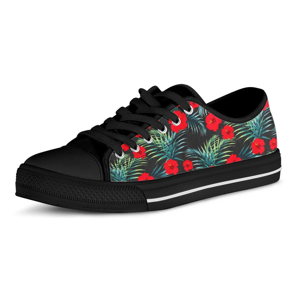 Tropical Hibiscus Leaves Pattern Print Black Low Top Sneakers