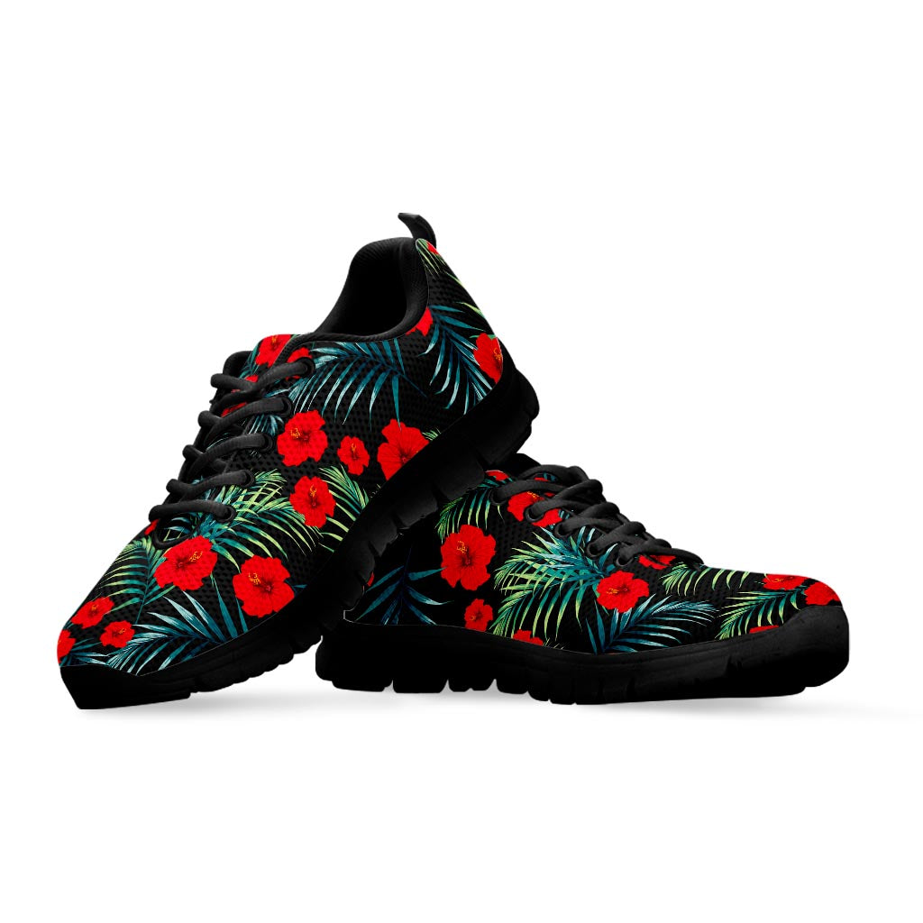 Tropical Hibiscus Leaves Pattern Print Black Running Shoes