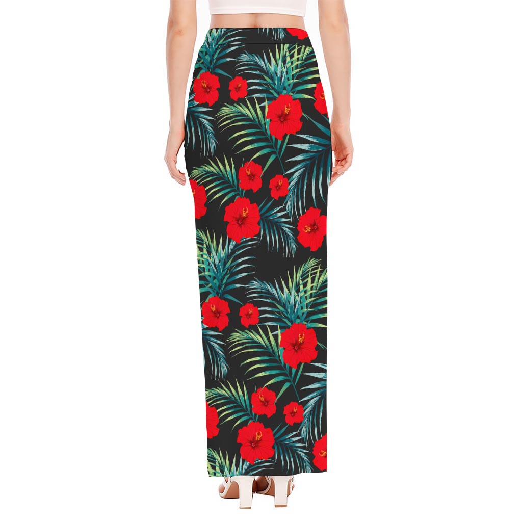 Tropical Hibiscus Leaves Pattern Print High Slit Maxi Skirt