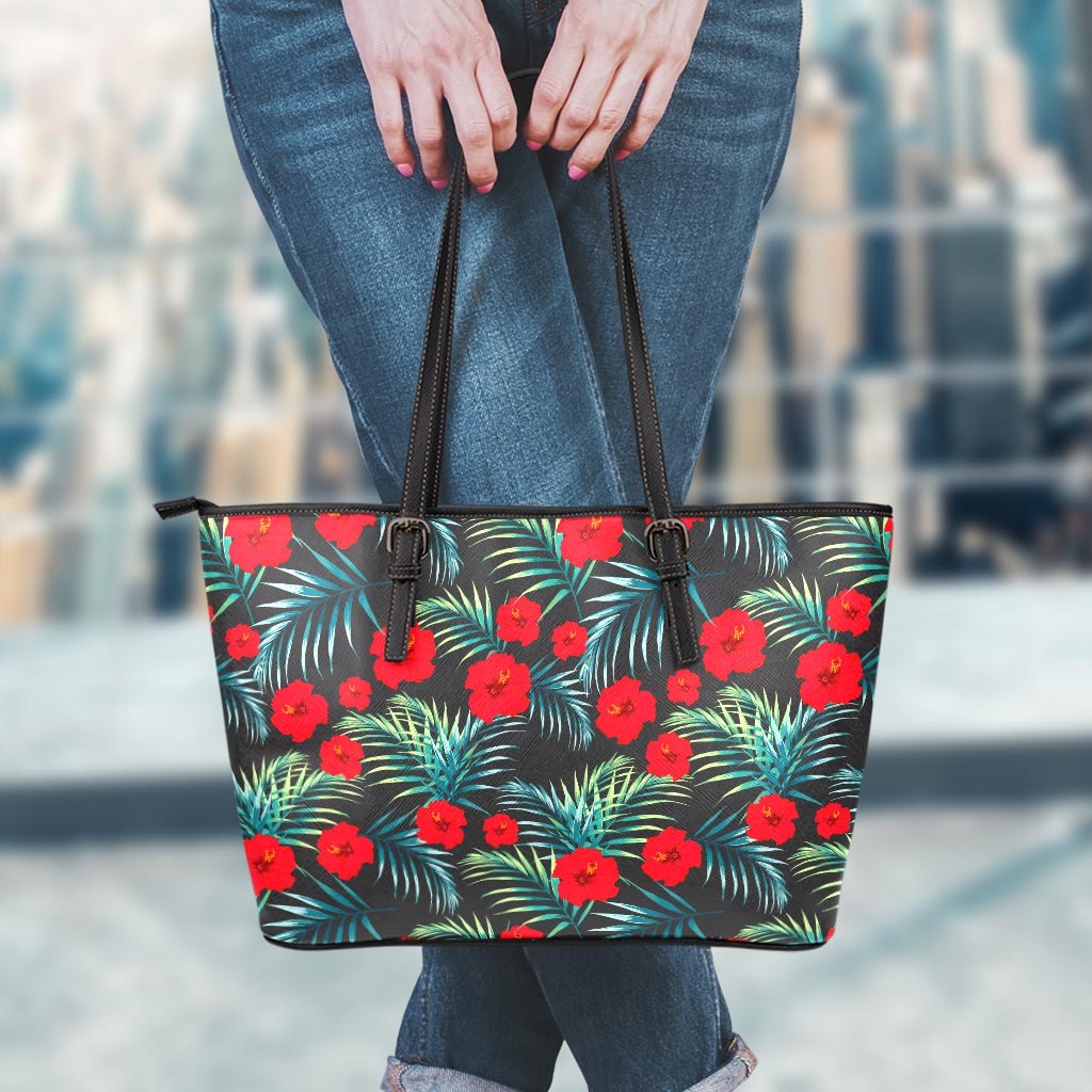 Tropical Hibiscus Leaves Pattern Print Leather Tote Bag