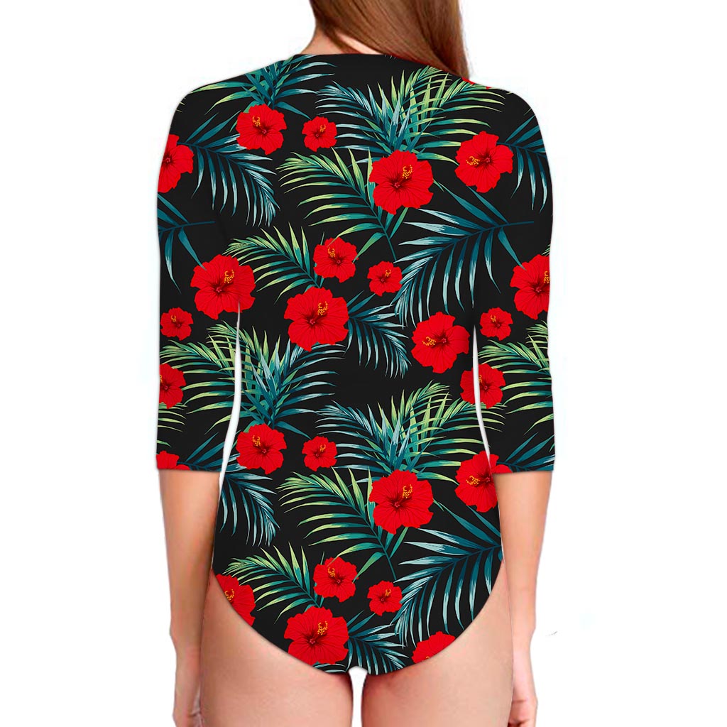 Tropical Hibiscus Leaves Pattern Print Long Sleeve Swimsuit