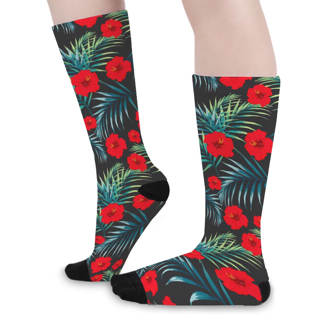 Tropical Hibiscus Leaves Pattern Print Long Socks