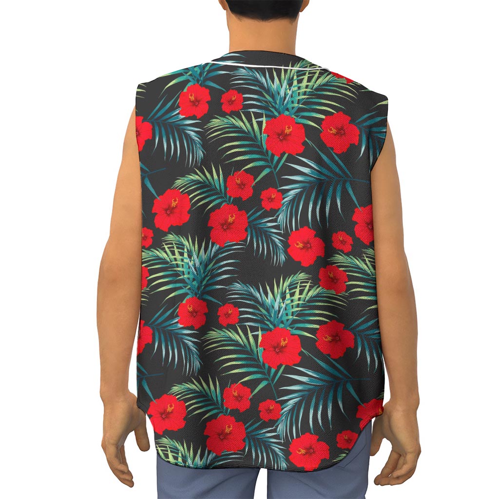 Tropical Hibiscus Leaves Pattern Print Sleeveless Baseball Jersey