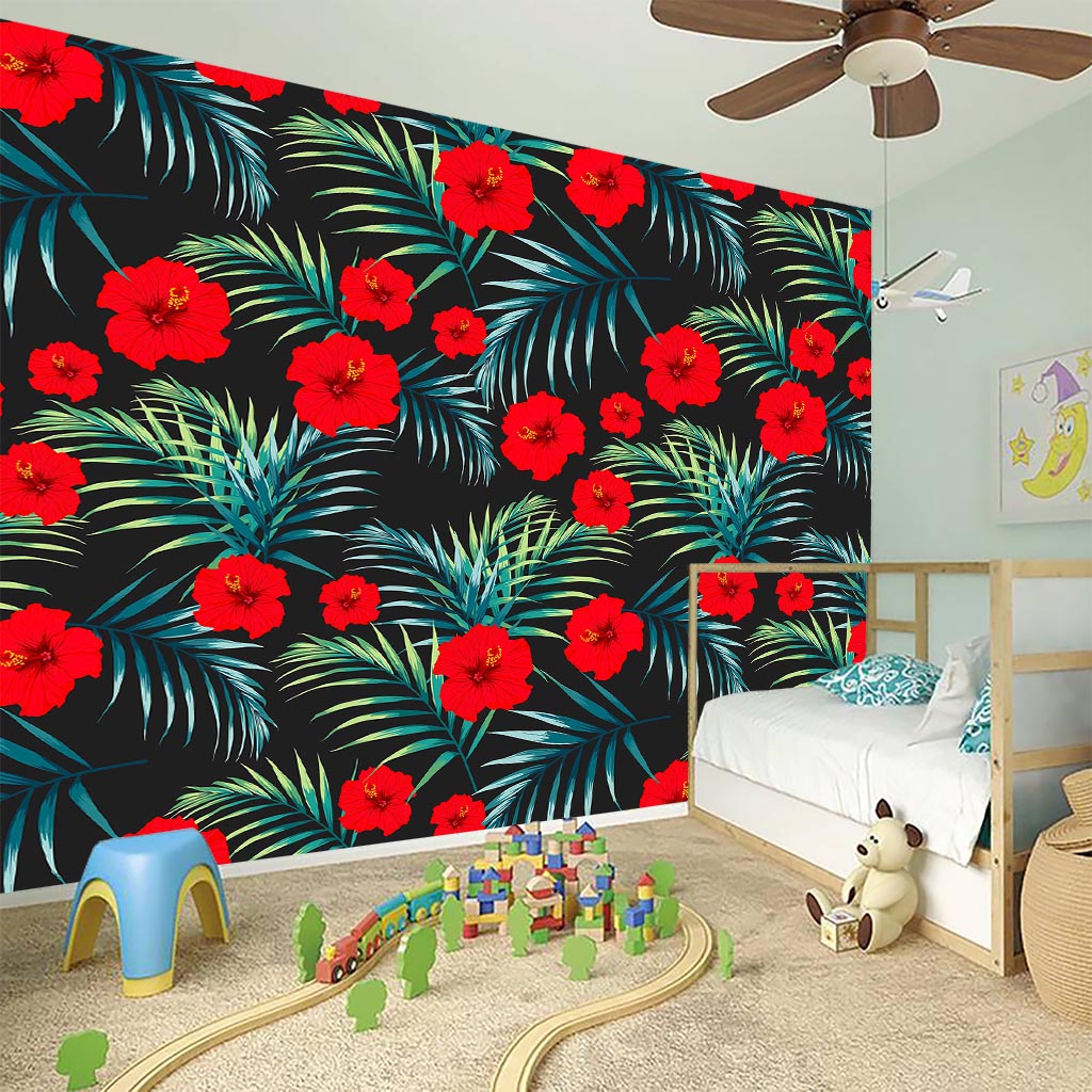 Tropical Hibiscus Leaves Pattern Print Wall Sticker