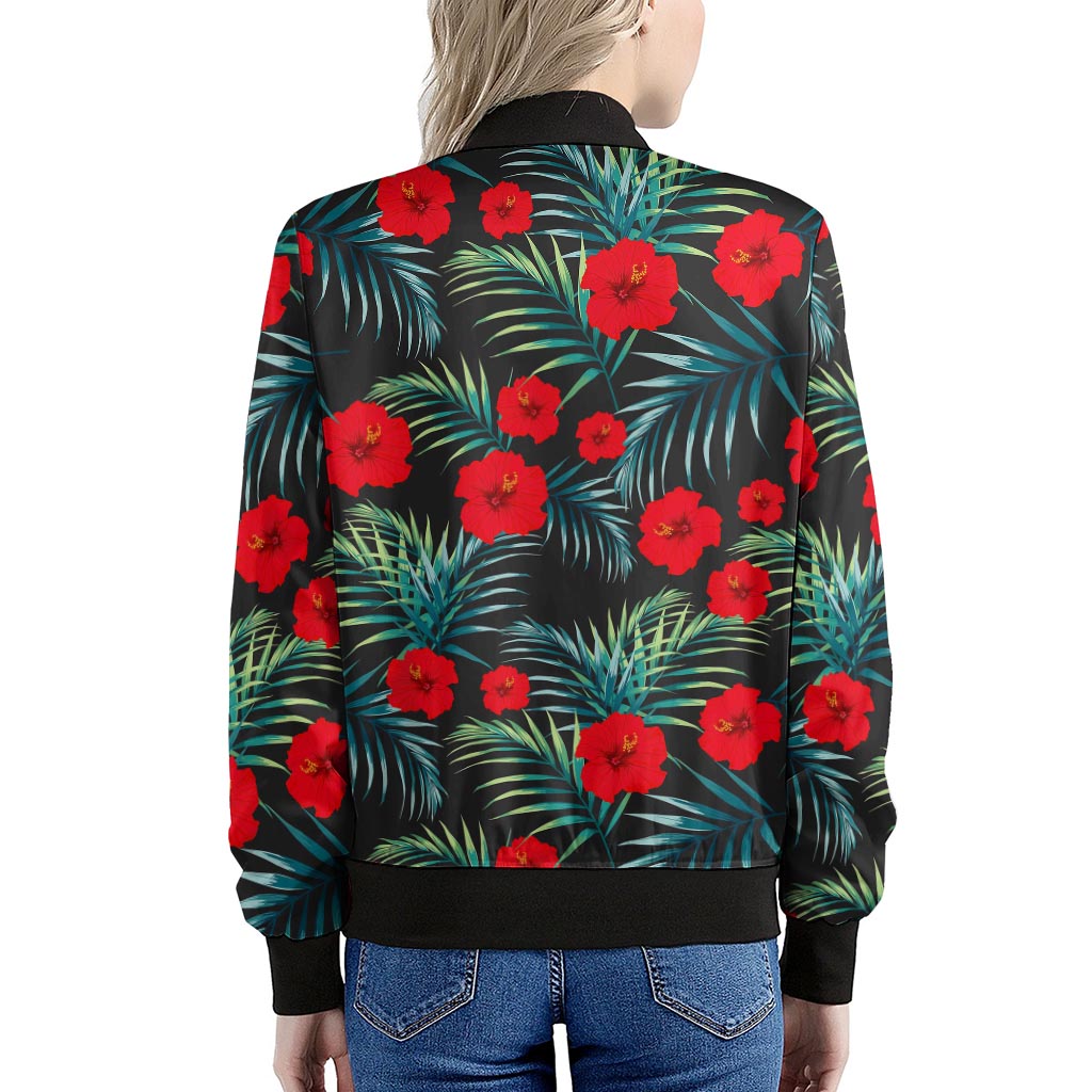 Tropical Hibiscus Leaves Pattern Print Women's Bomber Jacket
