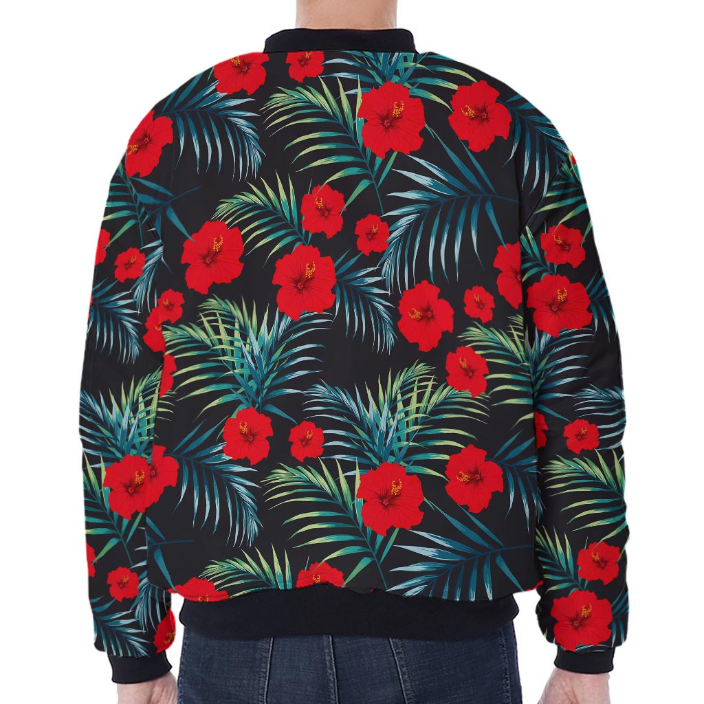 Tropical Hibiscus Leaves Pattern Print Zip Sleeve Bomber Jacket