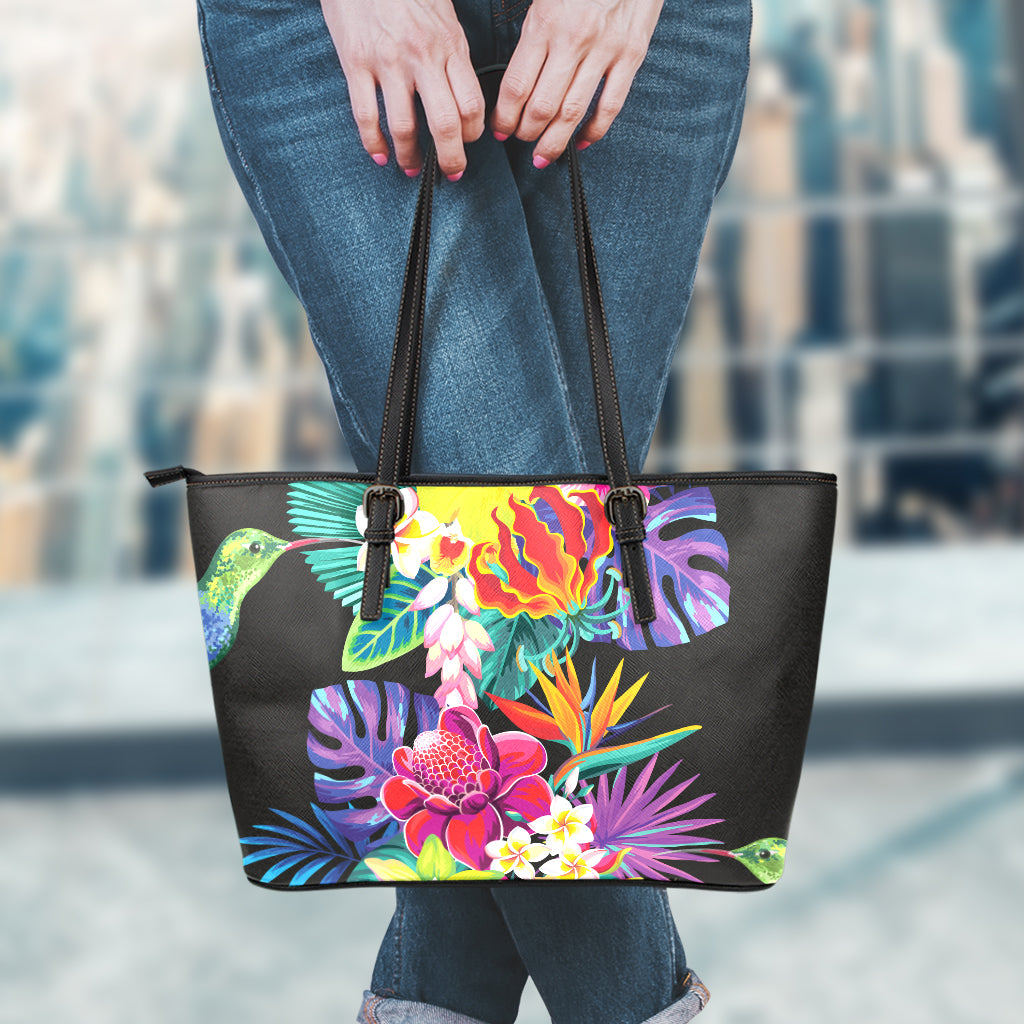 Tropical Hummingbird Print Leather Tote Bag
